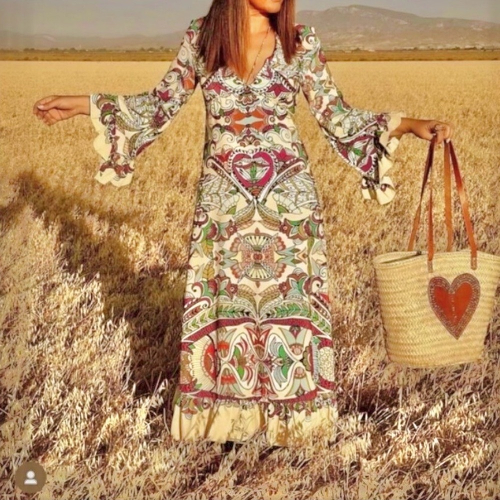 NWOT Zara ethnic tribal print midi flowy dress/Fall season dress size XS - Picture 2 of 14